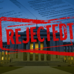 "REJECTED" slogan in red in front of an image of the Ukrainian parliament building.