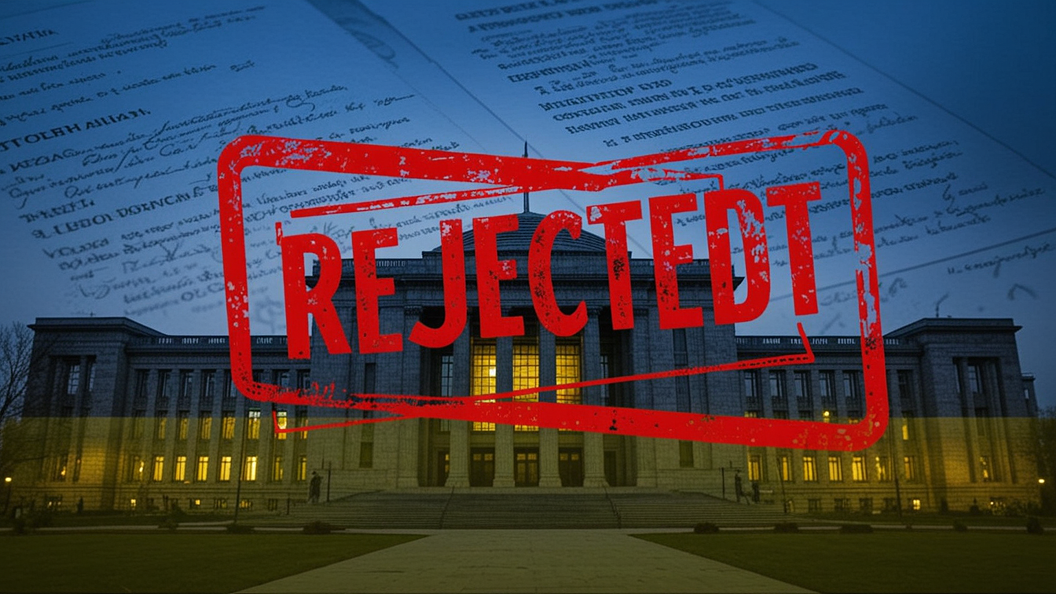 "REJECTED" slogan in red in front of an image of the Ukrainian parliament building.