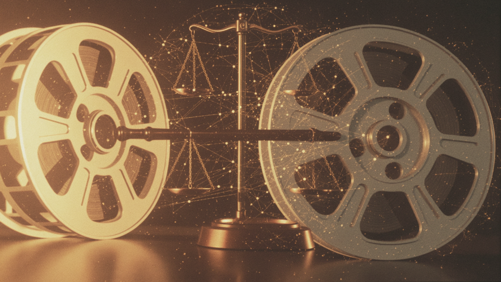 The collision of 1970s vintage erotica aesthetics with AI technology and legal controversy. The image blends retro film elements with digital glitch effects and subtle legal symbolism, using a muted, vintage color palette.
