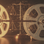The collision of 1970s vintage erotica aesthetics with AI technology and legal controversy. The image blends retro film elements with digital glitch effects and subtle legal symbolism, using a muted, vintage color palette.