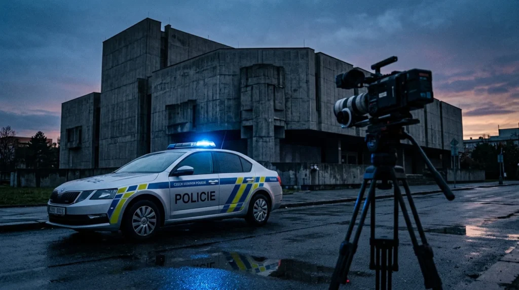 Czech police car with lights flashing filmed by a video camera on a tripod, gloomy background.
