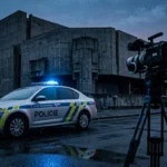 Czech police car with lights flashing filmed by a video camera on a tripod, gloomy background.